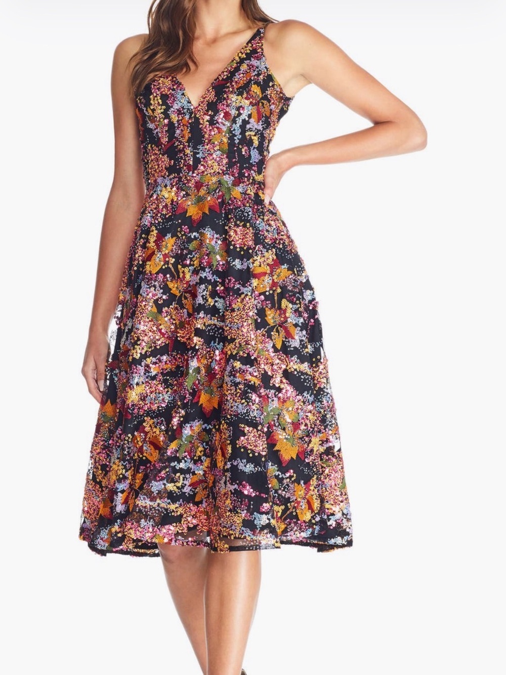 Dress the Population - Elisa. Sequin Embellished Floral V-Neck A-Line Midi Dress